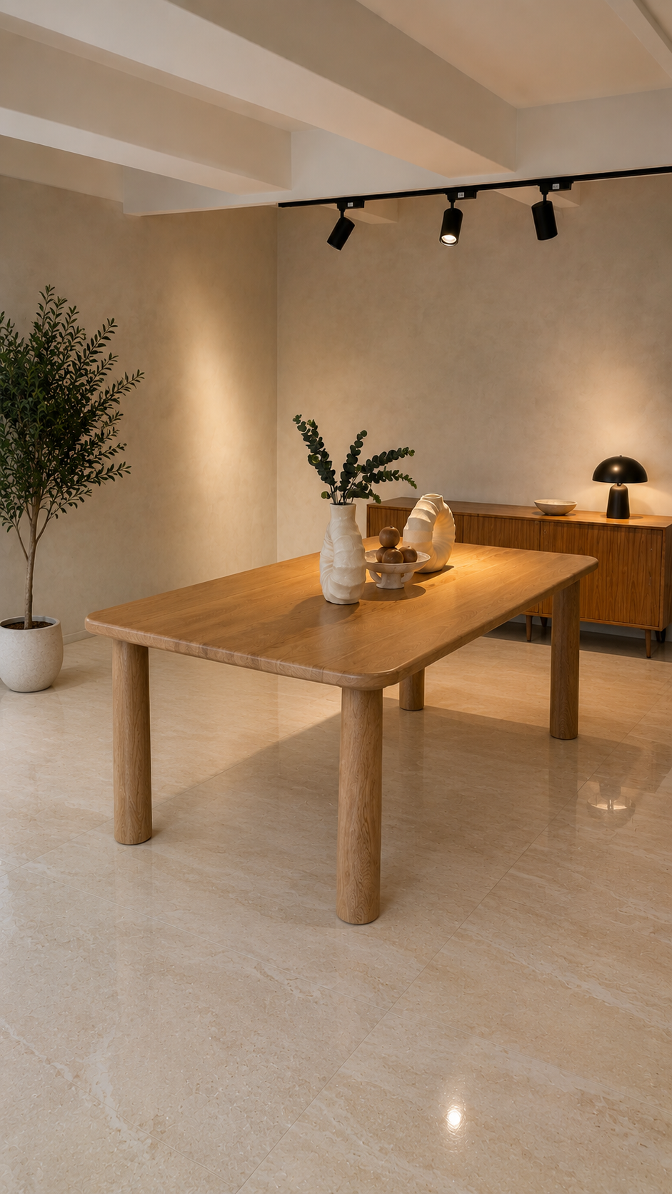Mesa de comedor BIUMARA en roble macizo con bases cilíndricas