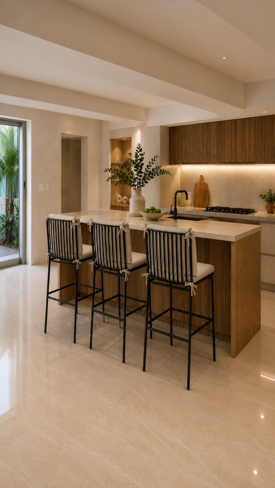 Sillas de barra BIUMARA con estructura negra y cojinería beige en isla de cocina