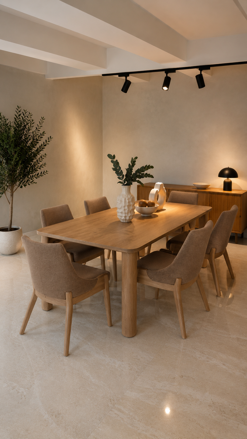Comedor BIUMARA en roble macizo con sillas tapizadas